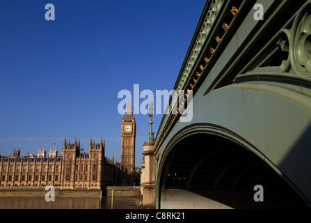 A general view showing The Houses of Parliament and Big Ben from alongside Westminster Bridge in London England Stock Photo