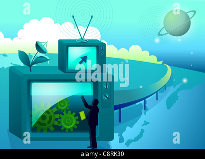 Illustration of satellite dish and a man Stock Photo