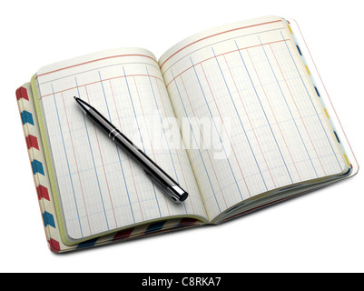 Open note book with lined pages and ballpoint pen Stock Photo