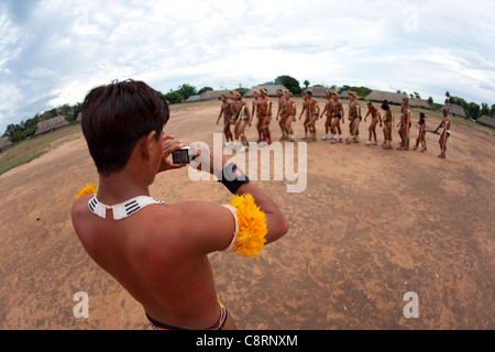 traditional dance by Xingu indians in the Amazone, Brazil Stock Photo