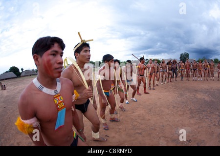 traditional dance by Xingu indians in the Amazone, Brazil Stock Photo