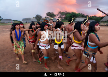 traditional dance by Xingu indians in the Amazone, Brazil Stock Photo