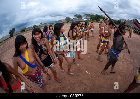 traditional dance by Xingu indians in the Amazone, Brazil Stock Photo