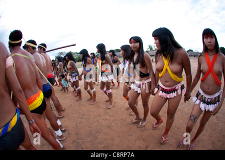 traditional dance by Xingu indians in the Amazone, Brazil Stock Photo