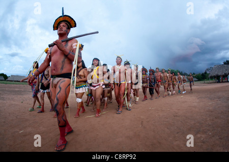 traditional dance by Xingu indians in the Amazone, Brazil Stock Photo