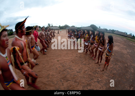 traditional dance by Xingu indians in the Amazone, Brazil Stock Photo