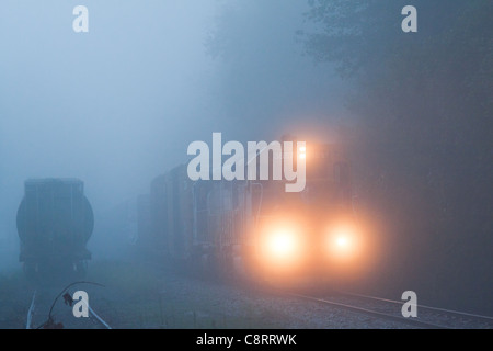 New England Central Railroad freight train in the fog Stock Photo