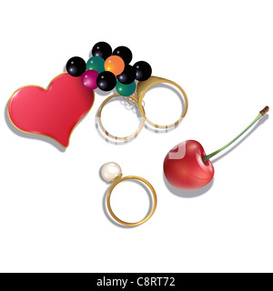 Heart Shape, Diamond Ring And Cherry Stock Photo