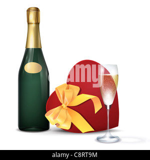 Champagne Bottle, Champagne Flute And Heart Shape Gift Box Stock Photo