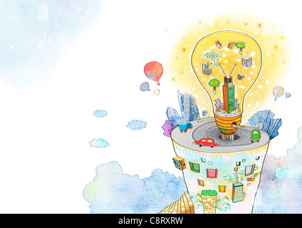 Illustration of city inside light bulb Stock Photo