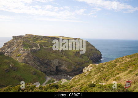 Tintagel Cornwall September Looking down on the ruins of the medieval fortifications of castle on headland of Tintagel Island Stock Photo