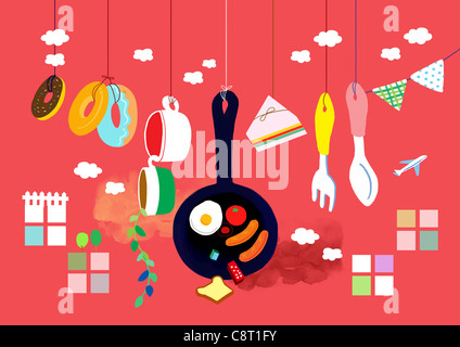 Kitchen Utensil Hanging With String On Red Background Stock Photo