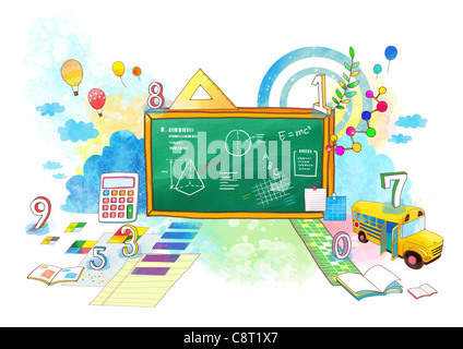 Blackboard And  School Bus With Numbers And Alphabets Stock Photo