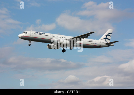 Aegean Airlines Airbus A321 passenger jet plane in flight shortly before arrival Stock Photo