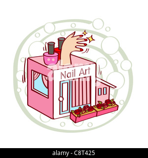 Illustration of human hand with red and pink nail polish on nail salon Stock Photo