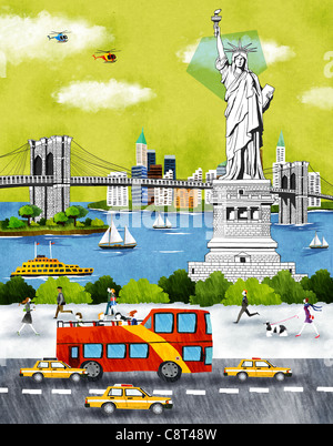 Usa, New York, New York City, Statue Of Liberty An Bridge Stock Photo