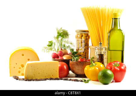 Vegetables , pasta, cheese and different spice, on a white background Stock Photo