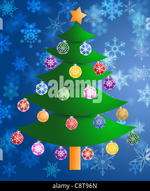 Colorful Christmas Tree on Blurred Snowflakes Background Stock Photo