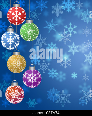 Colorful Hanging Christmas Ornament on Blurred Snowflakes Background Stock Photo