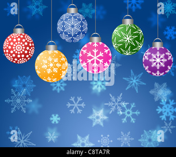 Colorful Hanging Christmas Ornament on Blurred Snowflakes Background Horizontal Stock Photo