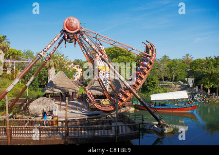 Kon-Tiki Wave boat swing in Port Aventura amusement park. Salou, Catalonia, Spain. Stock Photo