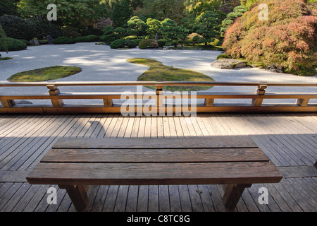 View of Japanese Sand Garden from Wooden Bench under Pavilion Stock Photo