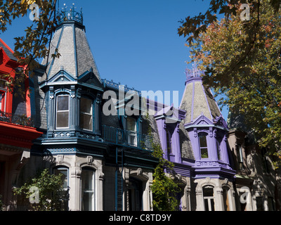 Colourful Victorian homes at Saint Louis Square, Montreal Stock Photo