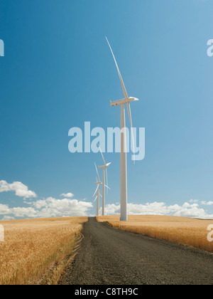 USA, Oregon, Wasco, Wind turbines along dirt road between wheat fields