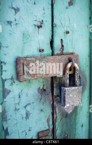 USA, New York State, Old rusty padlock on door Stock Photo