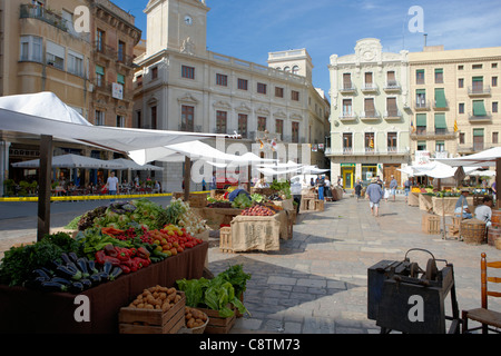 Traditional greenmarket in the center of Reus town. Catalonia, Spain. Stock Photo