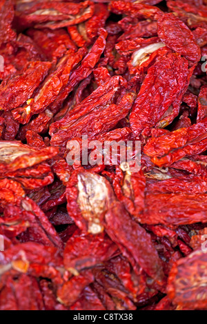 many dried tomato slices on a Italian market in Cannobio Stock Photo