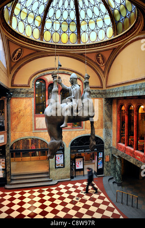 Prague, Czech Republic. Lucerna Palace Arcade. St Wenceslas on upside-down horse (by David Cerny) Stock Photo