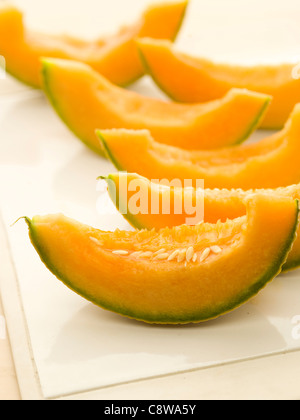 Sliced, fresh cantaloupe Stock Photo