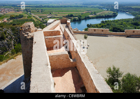 View from Miravet Castle wall towards Ebro river. Miravet village, Catalonia, Spain. Stock Photo