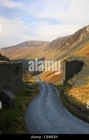 View down narrow road to Gatesgarthdale valley from Slate Mine in Lake District National Park Honister Pass Cumbria England UK Britain Stock Photo