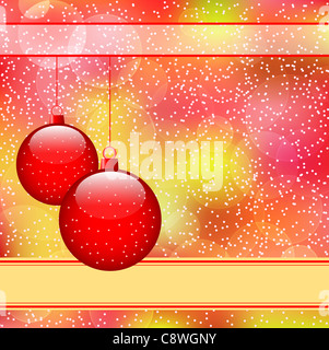 Red christmas balls on subtle colorful bokeh abstract background covered in snow. Copy space for text. Stock Photo