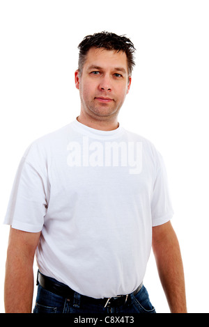 Young man is looking into camera over white background Stock Photo
