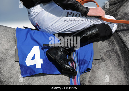 Detail of the Saddle Cloth, Stirrups, Reins and Boots on a Racehorse and Jockey Stock Photo