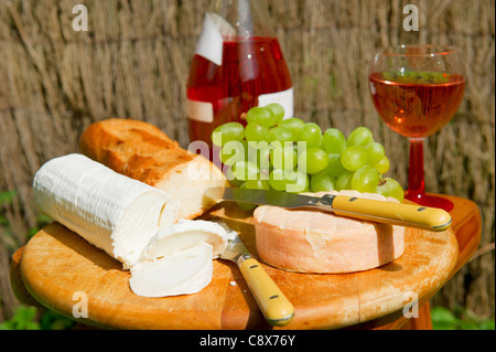 Cheese board outdoor with cheese bread and wine Stock Photo