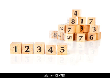 A lot of wooden blocks with numbers over white background Stock Photo