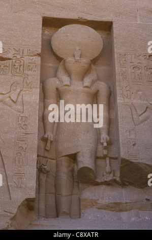 Egyptian Art. Great Temple of Ramses II. Sculpture of the god Ra. Abu Simbel. Egypt. Stock Photo