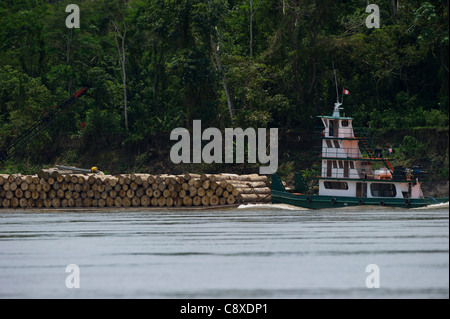 Logging barge on River Amazon near Iquitos Peru Stock Photo