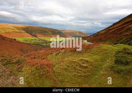At the head of the Gospel Pass in the Black Mountains of SE Wales where the road descends towards Llanthony. Stock Photo