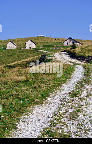 Typical Northern Italian Alps houses called Baita, made of wood and stone. In Trentino Stock Photo