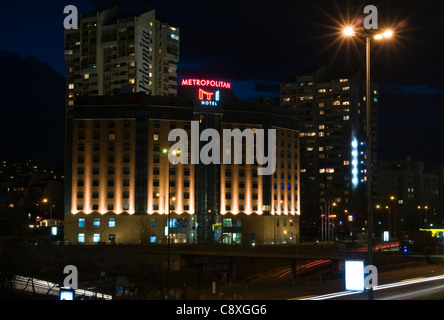 Sofia, capital of Bulgaria, Metropolitan hotel by night Stock Photo