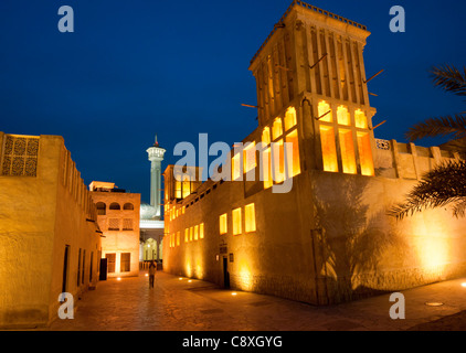 Bastakia or Al Bastakiya Quarter at night Bur Dubai, Dubai, United Arab Emirates, UAE Stock Photo