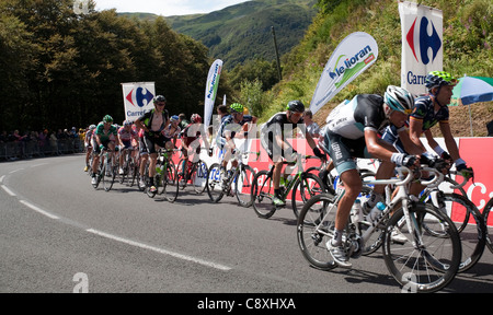 Cyclists on 'stage 9' Tour de France Cycle Race 2011 from Issoire to Saint Flour at Col de Cere . Stock Photo