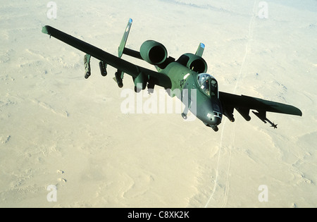 An air-to-air view of an A-10A Thunderbolt II attack aircraft from the 354th Tactical Fighter Wing, Myrtle Beach Air Force Base, S.C., during Operation Desert Shield. Stock Photo