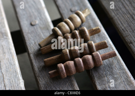 Cricket bails on a bench. Stock Photo