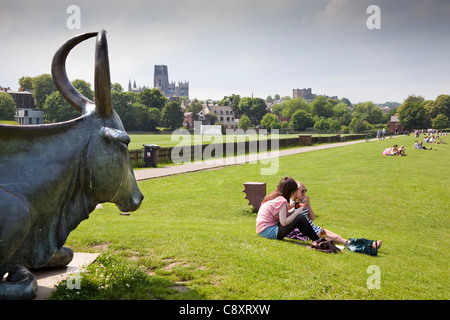 Durham Cathedral, Castle with Statue / Sculpture of 'Dunn Cow' and students sat drinking by the riverside, Durham, England Stock Photo